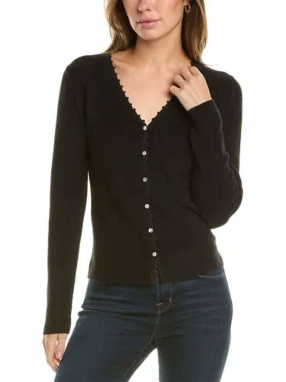 Vince Black Crochet Trim Linen Blend Cardigan Scalloped V Neck XS NWT